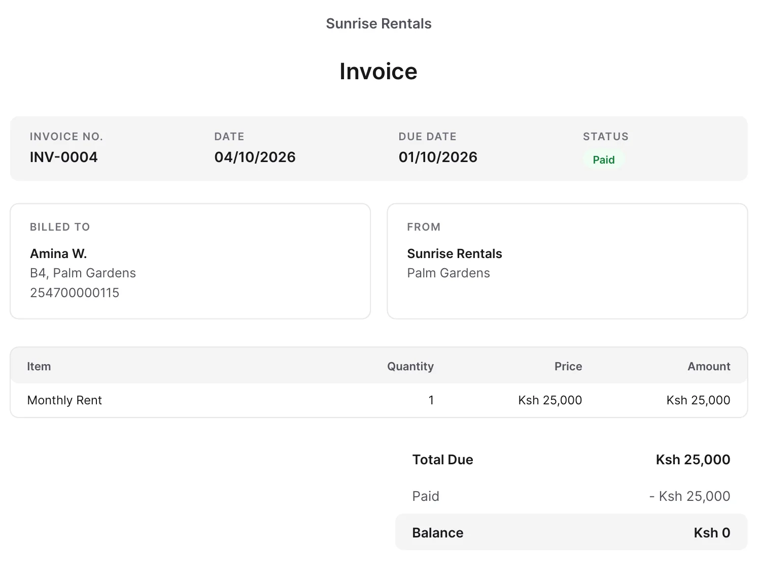 Daarly invoice for Amina W., Unit B4, with Monthly Rent of Ksh 25,000, marked Paid with a zero balance