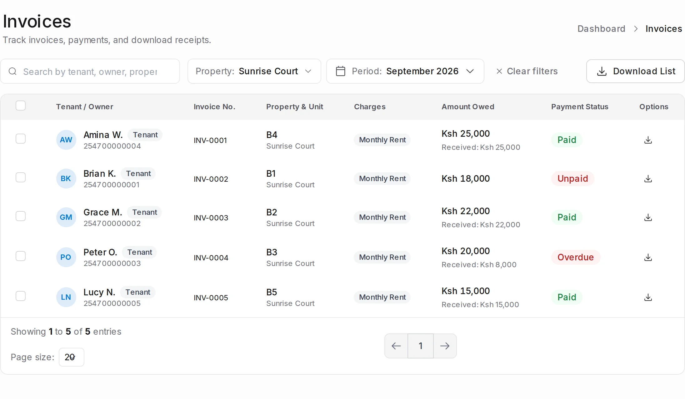 Daarly invoices list for Sunrise Court showing tenants, units, amounts owed and Paid, Unpaid and Overdue statuses