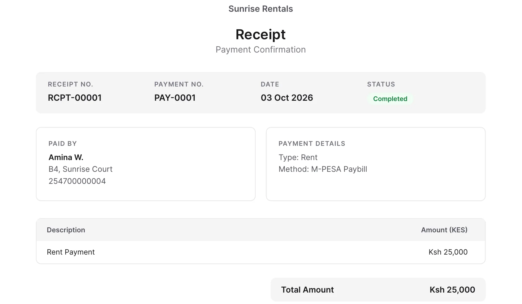 Daarly rent receipt for Amina W., Unit B4, showing a Completed M-PESA Paybill payment of Ksh 25,000