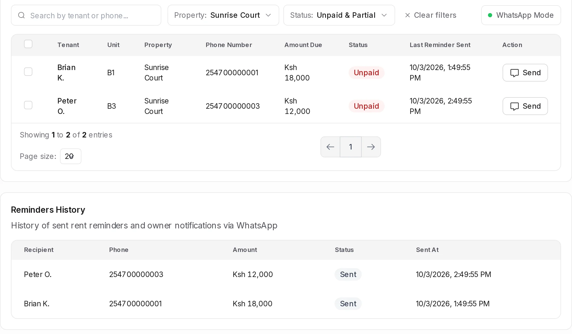 Daarly WhatsApp reminders screen listing unpaid tenants and a history of reminders sent
